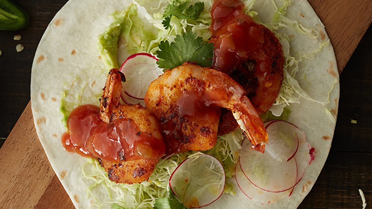Hot 'n Spicy Prawn Soft Tacos Recipe with Cabbage, Radish & Coriander Salad
